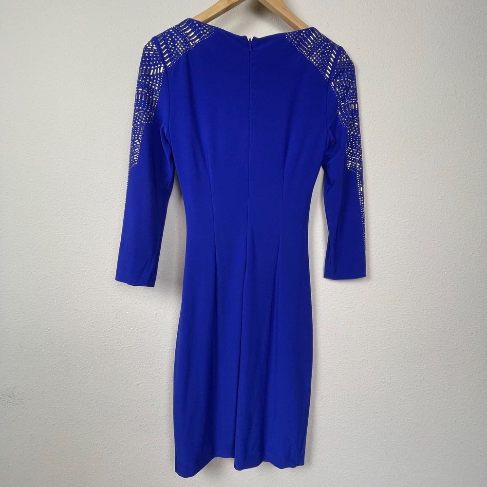 Cache Y2K Blue Embellished Bodycon Dress Size 4 Stretch Drape Party Event - Picture 2 of 7